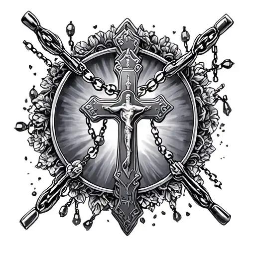 Rosary necklace with cross surrounded tattoo design idea