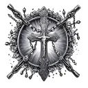 Rosary necklace with cross surrounded tattoo design idea