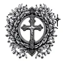 Rosary necklace with cross surrounded tattoo design idea