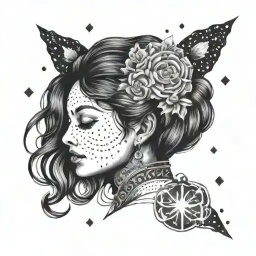 A dotwork design of a beautiful woman's face with zodiac symbols incorporated into her hair, surrounded by swirling galaxies tattoo design idea