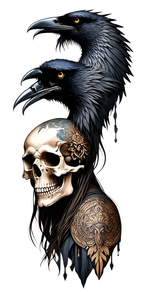 goddess freya and raven skull wearing tattoo design idea