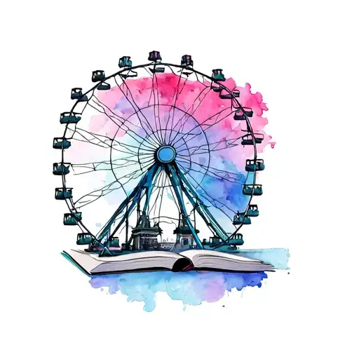 ferris wheel coming from pages of an open book drawing tattoo design idea