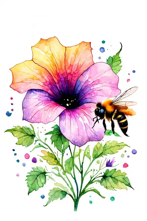 cute bee and morning glory flower tattoo design idea