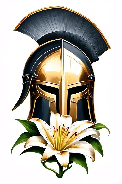 a spartan helmet sitting in lily flower tattoo design idea