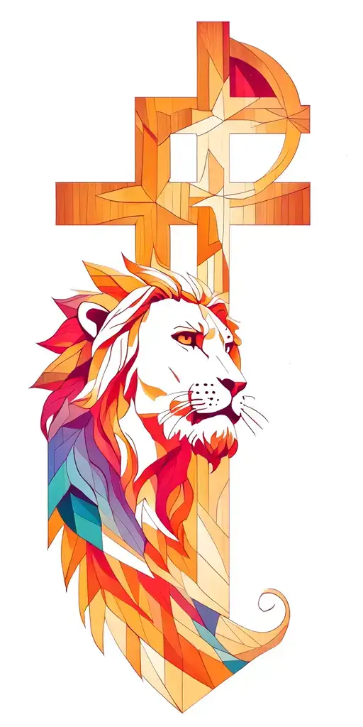 Jesus head, wooden cross, and lion head tattoo design idea