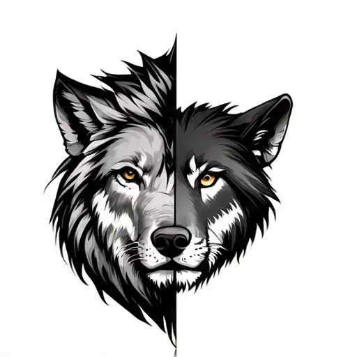 Half lion face and half wolf face incorporated tattoo design idea