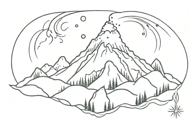 volcano with norther lights tattoo design idea