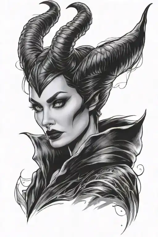 Maleficent as maleficent in the movie. White eyes with tears. Front portrait. tattoo design idea