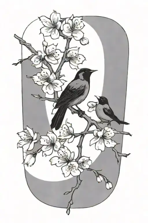 sideways skinny spooky scary cherry branch with minimal blossoms and four small solid black birds sitting on branch  tattoo design idea