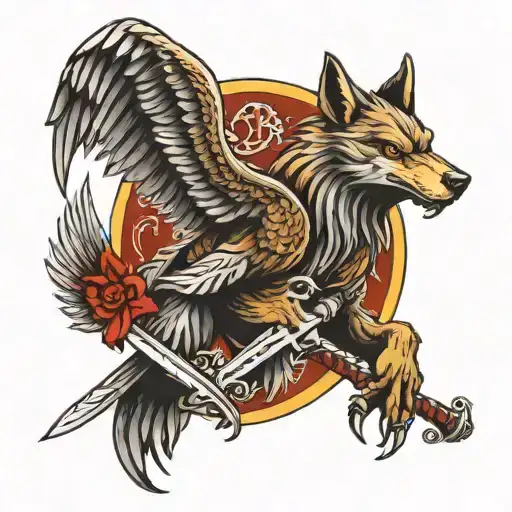 tattoo men wolf and eagle and sword and soldier tattoo design idea