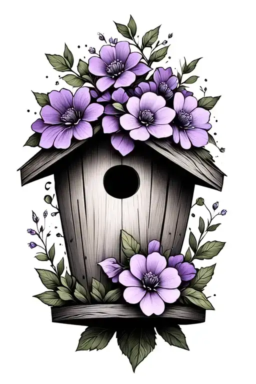 fine line tattoo design combining birdhouse with violet flowers tattoo design idea