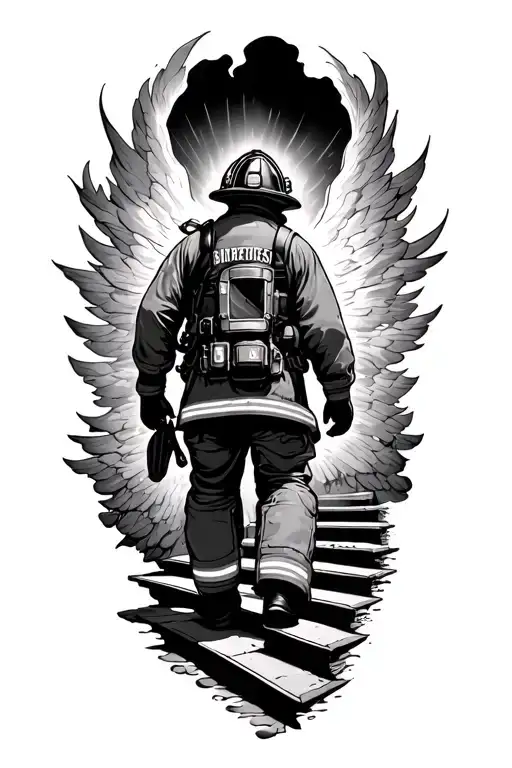 Firefighter walking on stairway leading to heaven tattoo design idea