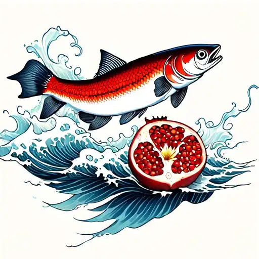 ) “Minimalist thin drawing tattoo design: Salmon splashed through the waves, pomegranate flower around tattoo design idea