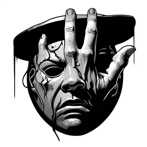 a sad drama mask with a hand over top of it, the hand will have a missing finger, cracked skin and dirty nails tattoo design idea