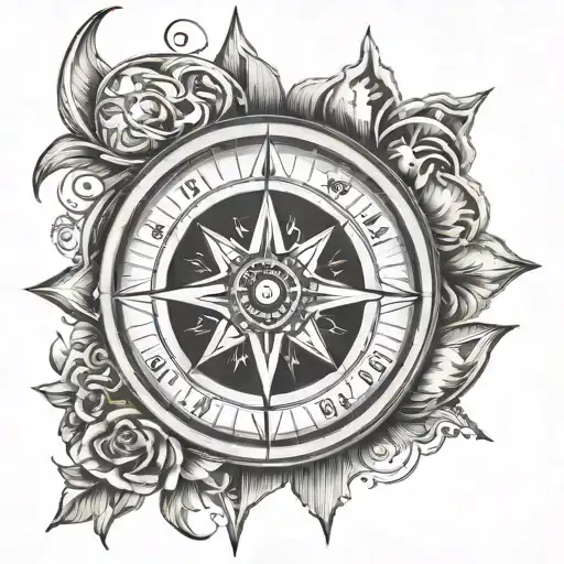 compass with fire, surf, mountian and wind rose tattoo design idea