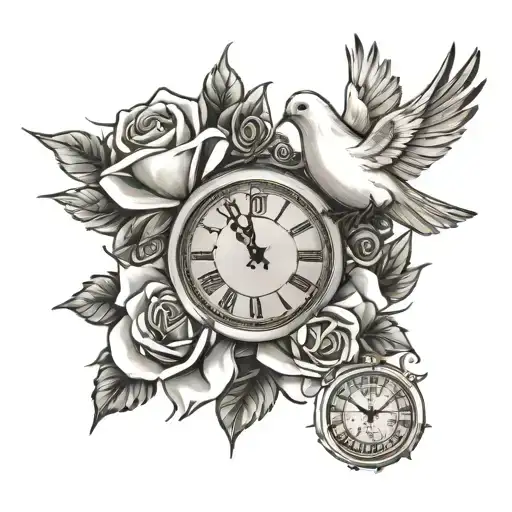 clock dove roses tattoo design idea