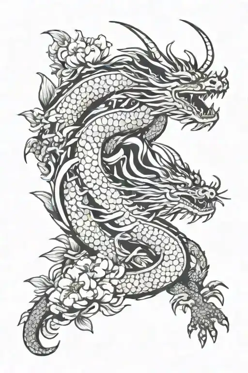 samurai dragon in flowers tattoo design idea