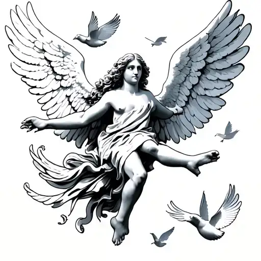 angel falling from heaven gates doves flying tattoo design idea