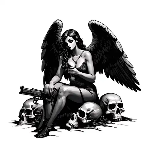 chirp angel holding a gun sitting on skulls tattoo design idea
