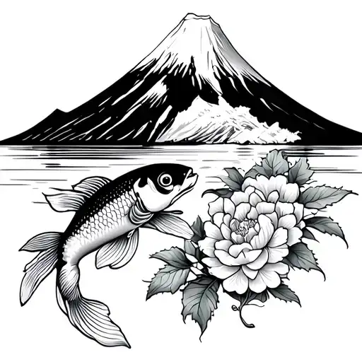drawing of mount fuji with koi carp and peonies. tattoo design idea