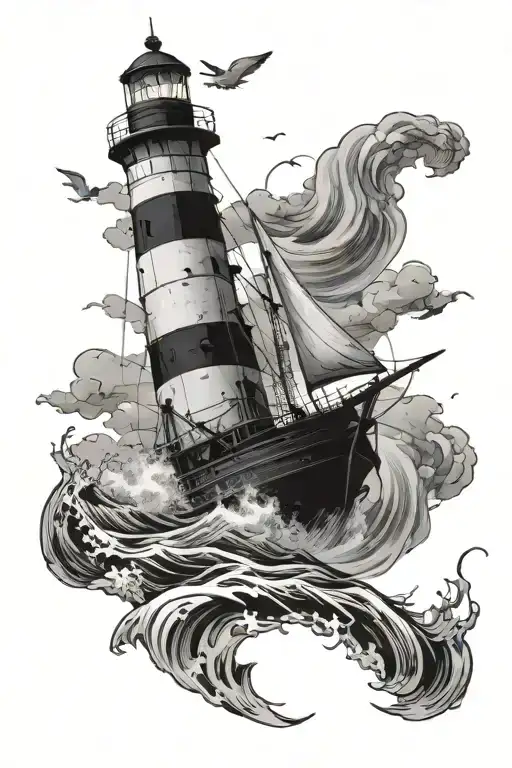 ship sailing rough seas with lighthouse in the distance tattoo design idea
