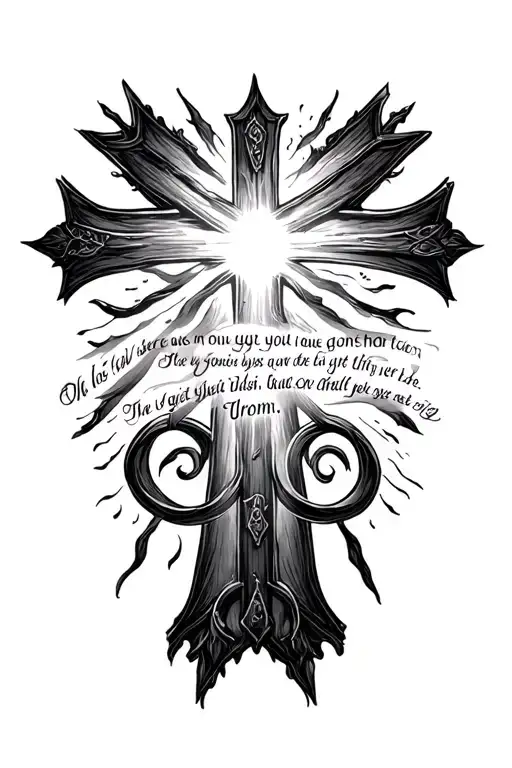 christain cross of light and a Bible verse intertwined tattoo design idea