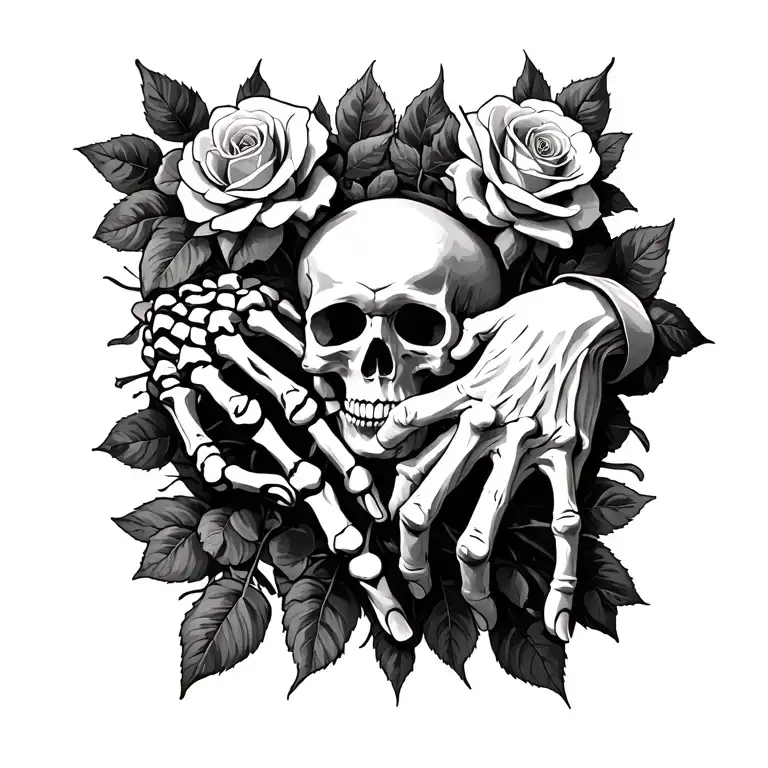 creation of adam hands, memento mori, one hand skeleton, the other human, add roses if you can tattoo design idea