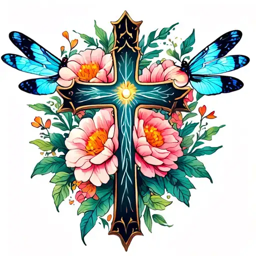 Cross Surrounded By Flowers & Dragonflies Following Eachother Tattoo tattoo design idea