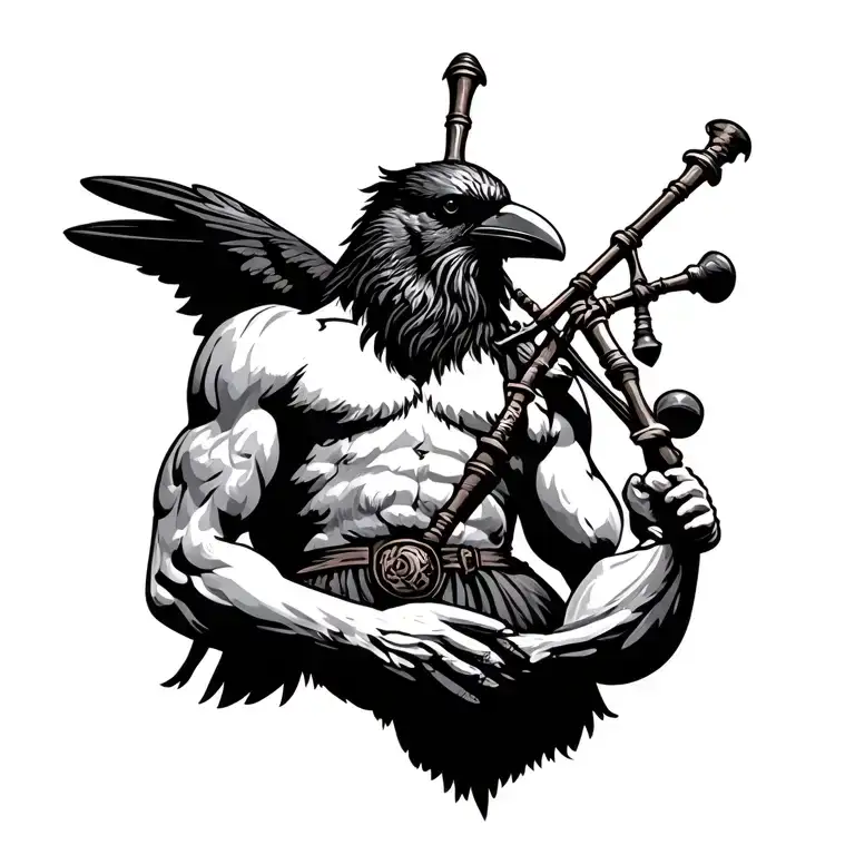 designs on wood carving crow muscular  bagpiper playing the bagpipes baldblack beard tattoo design idea