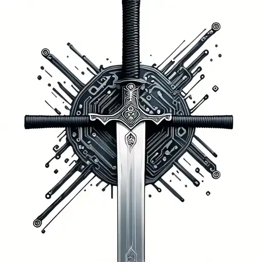 A katana sword where the hilt transitions into a circuit board pattern tattoo design idea