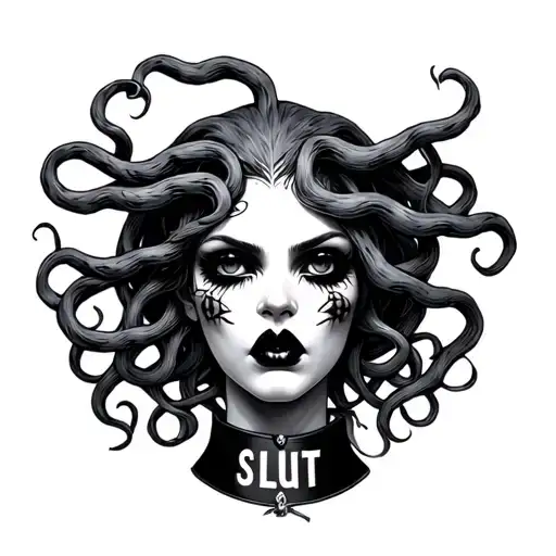Medusa with mouth taped shut and wearing a collar that says slut tattoo design idea