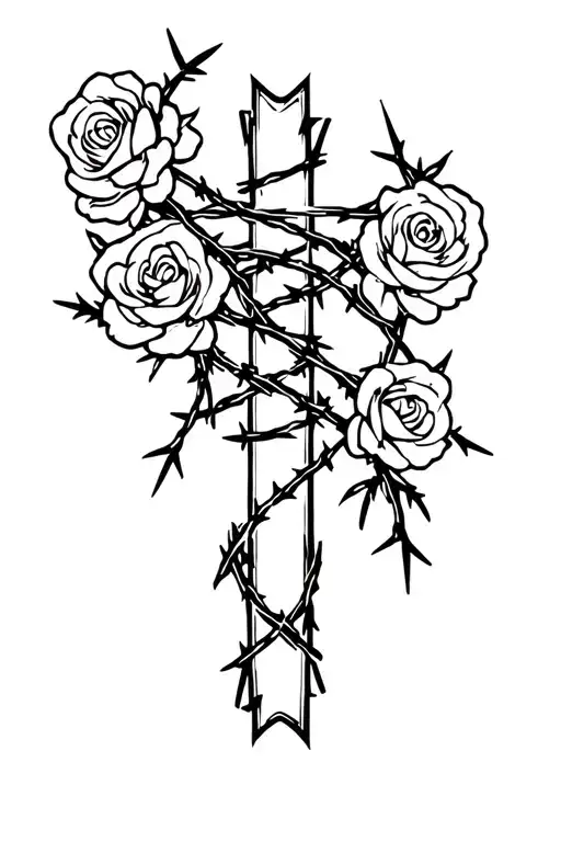 cross with barbed wire roses wrapped around it going up tattoo design idea