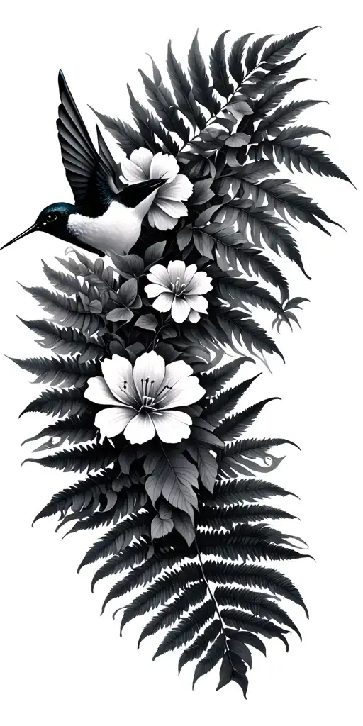 ferns and flowers with humming bird tattoo design idea