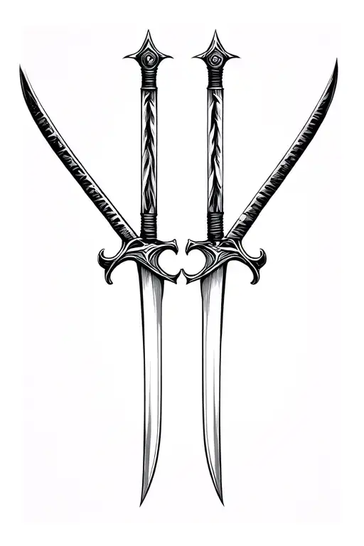 A tattoo-style black and white illustration of two parallel swords standing vertically with their blades pointing downwa tattoo design idea