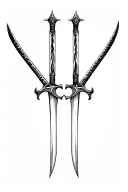 A tattoo-style black and white illustration of two parallel swords standing vertically with their blades pointing downwa tattoo design idea