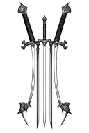 A tattoo-style black and white illustration of two parallel swords standing vertically with their blades pointing downwa tattoo design idea