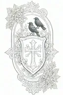 Rooker Family Crest with a shield surrounded by cedar trees with  6 Crows on a celtic cross in a circle tattoo design idea