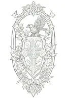 Rooker Family Crest with a shield surrounded by cedar trees with  6 Crows on a celtic cross in a circle tattoo design idea