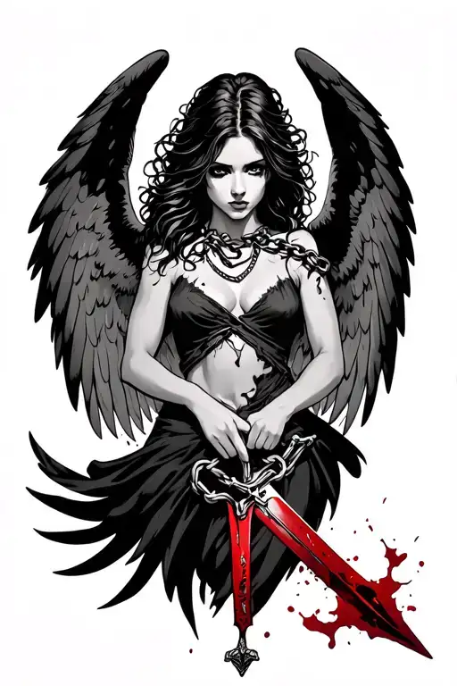 a tattoo of a flying fallen angel of a woman with a broken chain around her neck holding a bloody sword in her hands. tattoo design idea