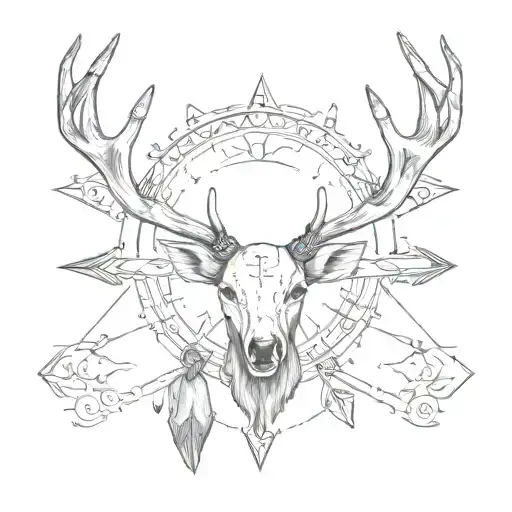 deer antlers with a arrow with deer track tattoo design idea