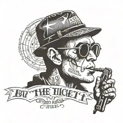Hunter S Thompson tribute with "Buy the ticket take the ride" quote tattoo design idea