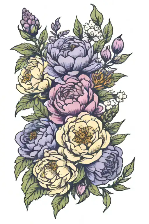 lavender and peony flowers tattoo design idea