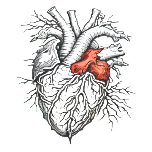 Silver Realistic Human Heart, bleeding, wrapped in thorns, bloody, Black red, veins Vessels, Aorta valve, dripping blood tattoo design idea