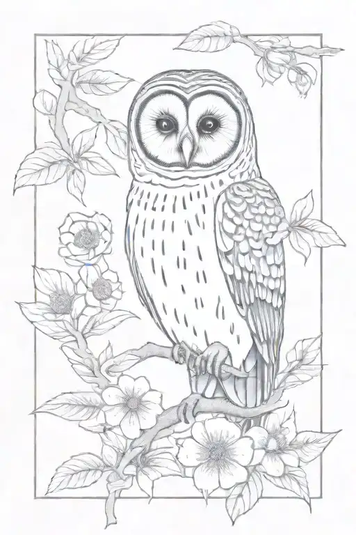 barred owl with flowers tattoo design idea