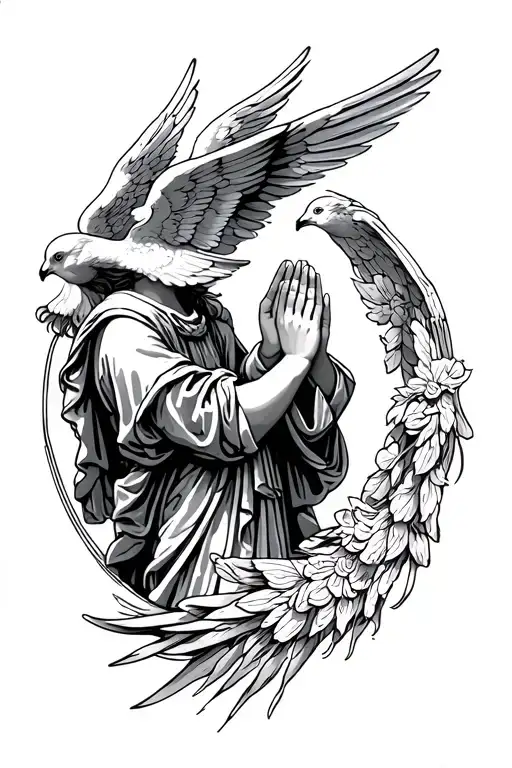 Christian, biblical, angel, wings, praying hands, holy gates, doves  tattoo design idea