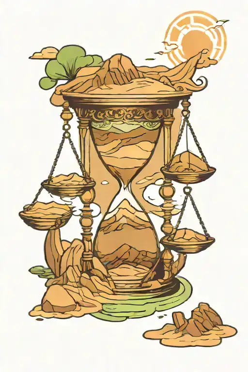 Hour glass with desert sand transforming into waterfall and green mountains tattoo design idea