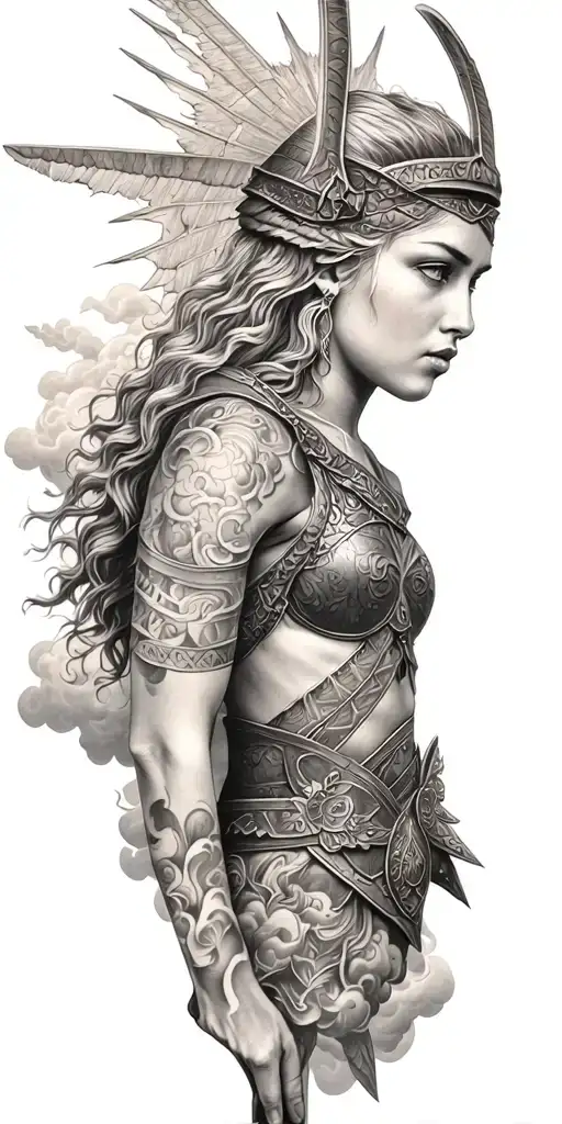 norse Valkyrie, clouds, rays, Colombia tattoo design idea