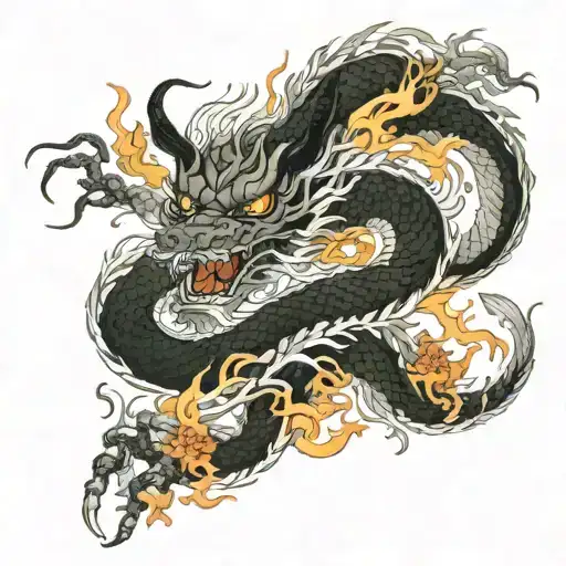 Japanese dragon with water and fire themes. Use at least one spider lilly and chrysanthemum. Black ink only. Aleve or la tattoo design idea