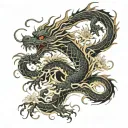 Japanese dragon with water and fire themes. Use at least one spider lilly and chrysanthemum. Black ink only. Aleve or la tattoo design idea