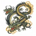 Japanese dragon with water and fire themes. Use at least one spider lilly and chrysanthemum. Black ink only. Aleve or la tattoo design idea